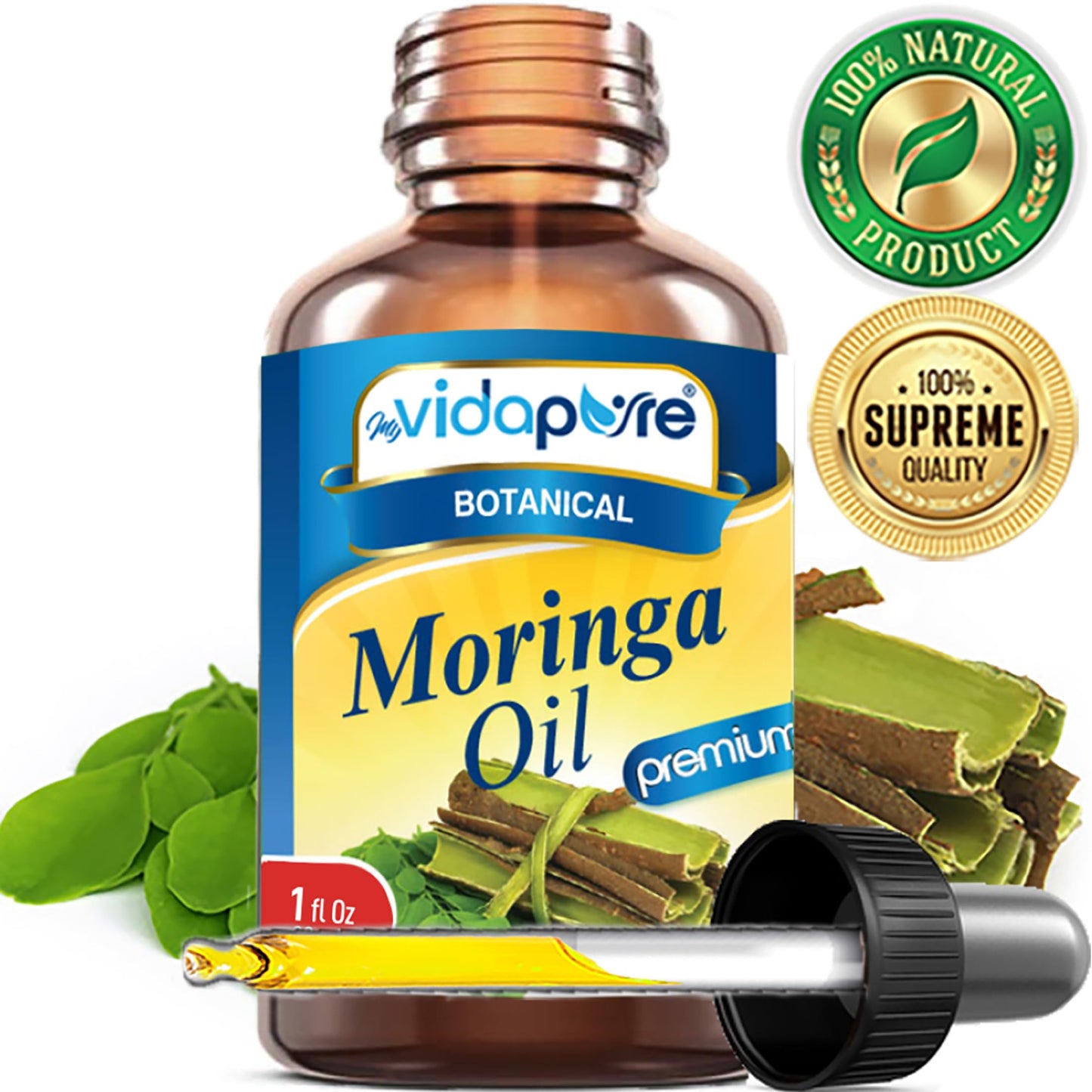 MYVIDAPURE MORINGA OIL Moringa oleifera 100% Pure REFINED UNDILUTED Cold Pressed for Skin, Face, Hair, Lip and Nail Care (1 Fl Oz)
