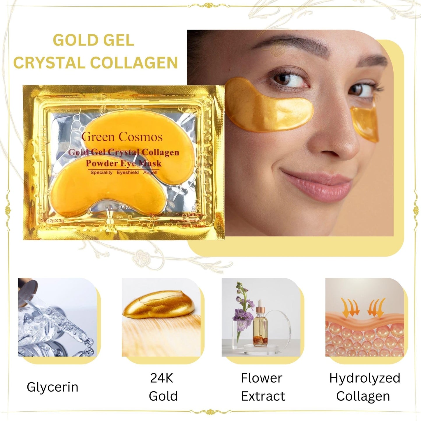 Green Cosmos 30 Pairs 24k Gold Under Eye Patches, Gold Crystal Collagen Eye Mask, Dark Circles Treatments, Removes Under Eye Bags, Collagen Gel Pads