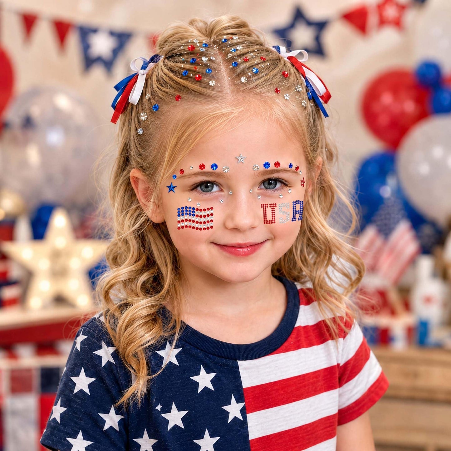 Go Ho 4th of July Face Hair Gems, 2 Sheets Self Adhesive Face Jewels for Women, Red White and Blue Gem Stickers Eye Rhinestones, USA American Flag Beauty and Personal Care Go Ho