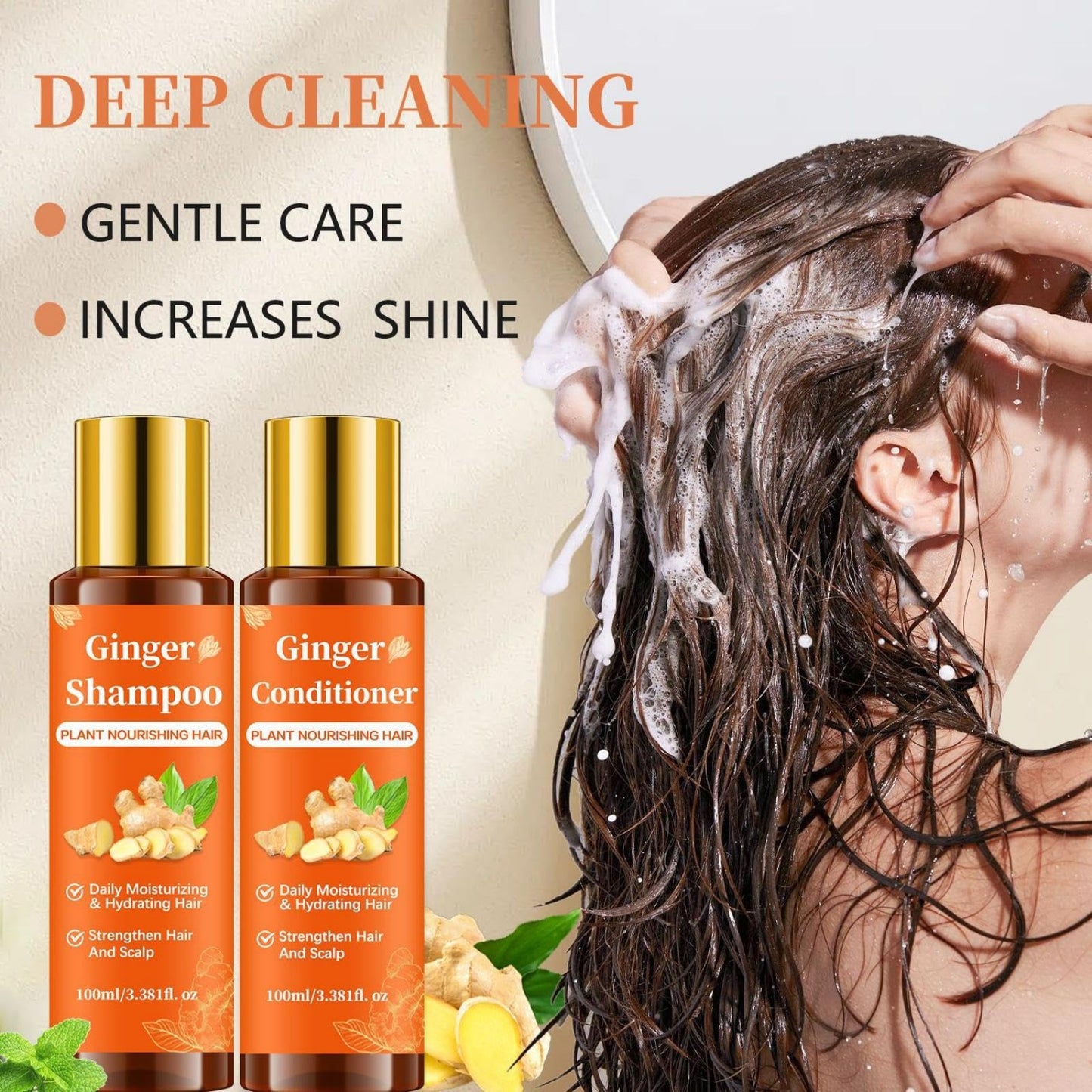 Ginger Shampoo and Conditioner Set for Stronger & Thicker Hair, Deep Moisturizing Cleaning Nourishing Formula to Reduce Hair Loss, Strengthen Strands
