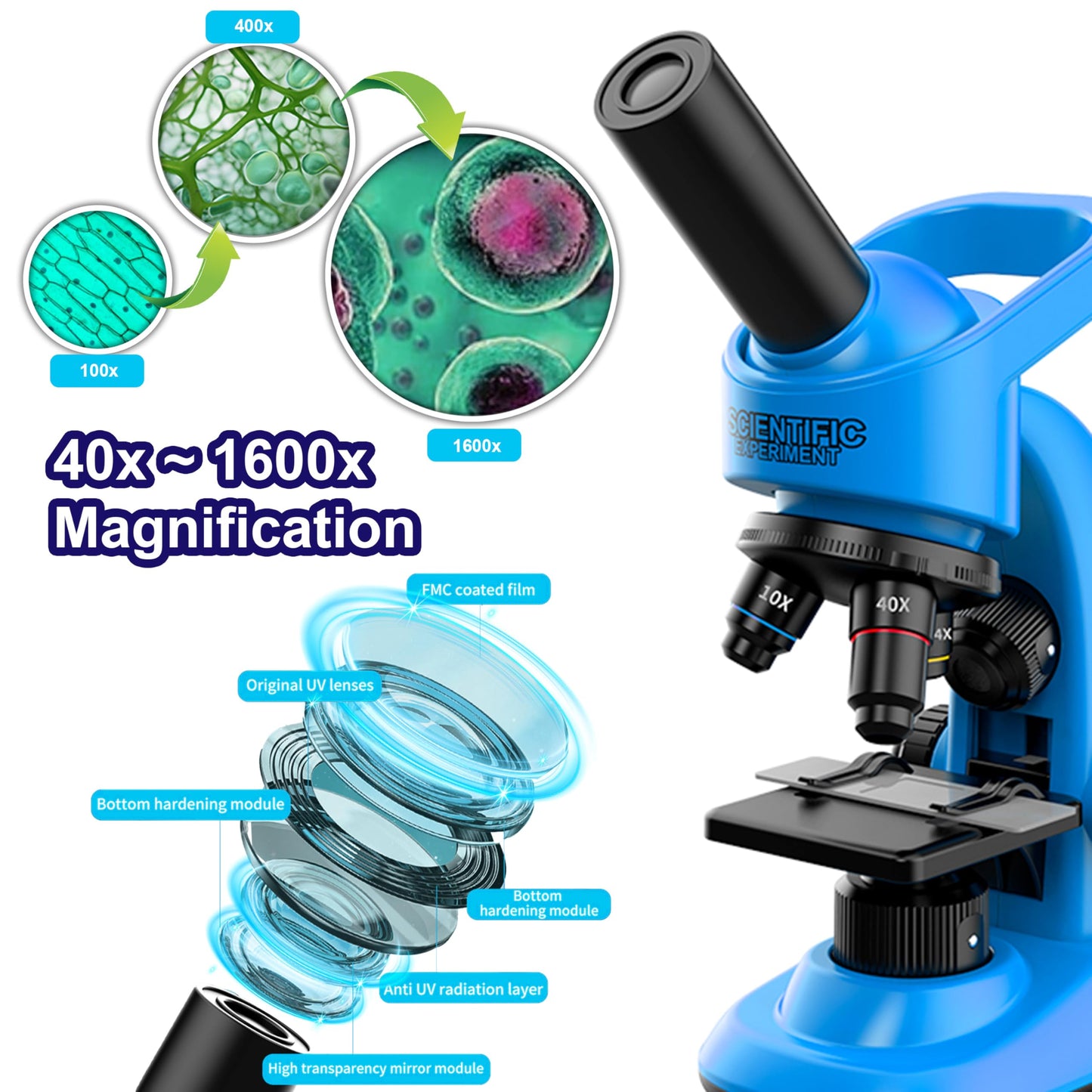 Kids Microscope Kit – 40x-1600x Beginner STEM Science Set with LED Light, Prepared Slides & Tools, Educational Toy for Ages 6–12