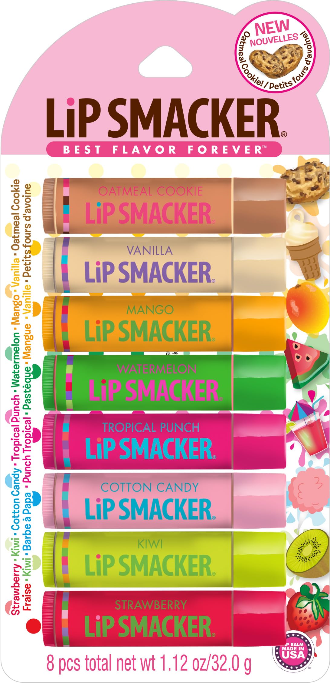 Lip Smacker Original & Best Holiday Flavored Lip Balm Party Pack, Oatmeal Cookie, Vanilla, Mango, Watermelon, Tropical Punch, Cotton Candy, Kiwi