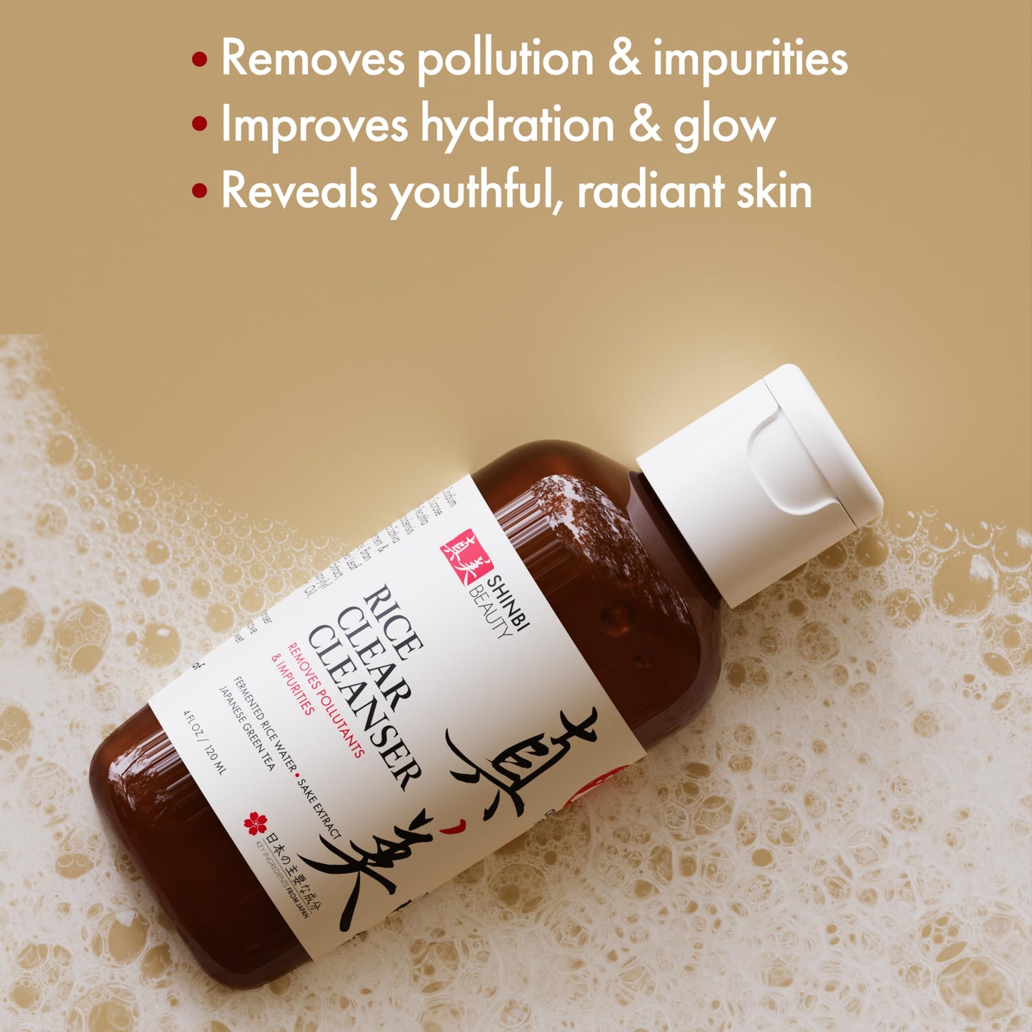 Shinbi Beauty Japanese Face Wash Skincare Products - Japanese Rice Water Green Tea Cleanser - 99% Naturally Derived Japanese Beauty 4oz