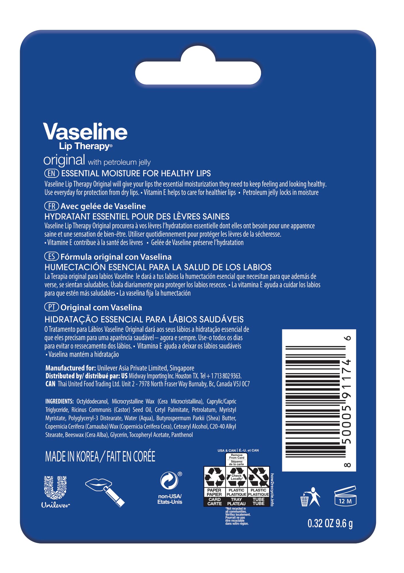 Vaseline Lip Therapy Care Original, Fast-Acting Nourishment, Ideal for Chapped, Dry, Cracked, or Damaged Lips, Lip Balm, 2-Pack of 2, 0.16 Oz Each, 4