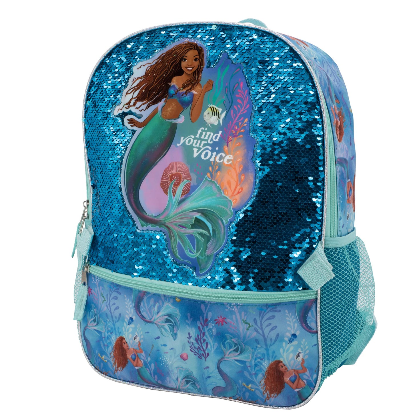 Disney The Little Mermaid Movie 4 Piece Backpack Set, Flip Sequin School Bag for Girls with Front Zip Pocket, Green