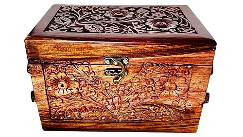 Eid Gifts - Handcrafted Jewelry Box with Floral Carvings, 3-Compartment Jewelry Organizer for Earrings, Rings, Necklaces (Large Size 8''x5''x5'')