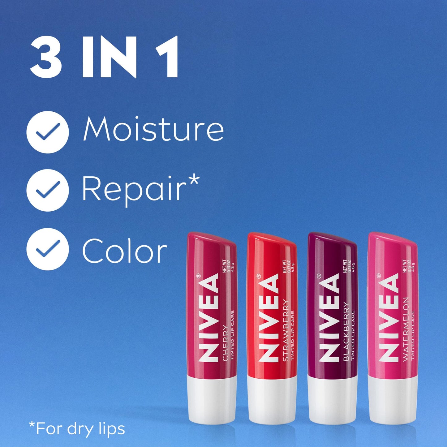NIVEA Lip Care, Fruity Tinted Lip Balm Variety Pack, Cherry, Strawberry, Blackberry and Watermelon Flavors, 3-in-1 Moisture, Repair and Color, 0.17 Oz