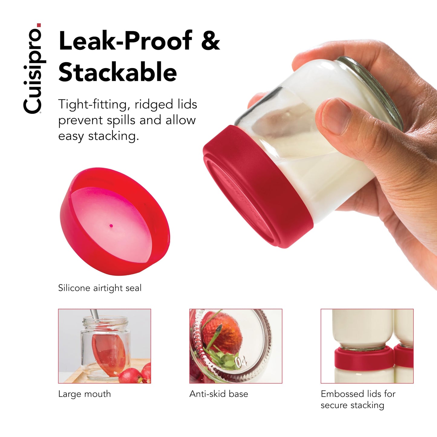 Cuisipro Jars with Lids, 6 Oz Glass Jars with Airtight Lid Wide Mouth, 4 Pack, Canning Jars for Liquid, Glass Container for Yogurt, Spice, Red