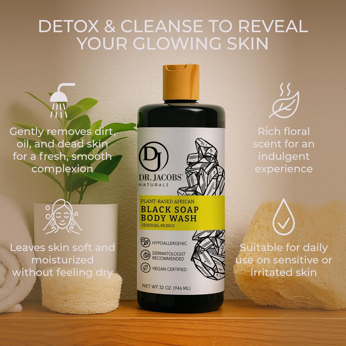 Dr Jacobs Naturals Authentic African Black Liquid Soap with Sensual Monoi Scent | All-In-One Face Wash, Sensitive Skin Body Wash, Shampoo, Shaving