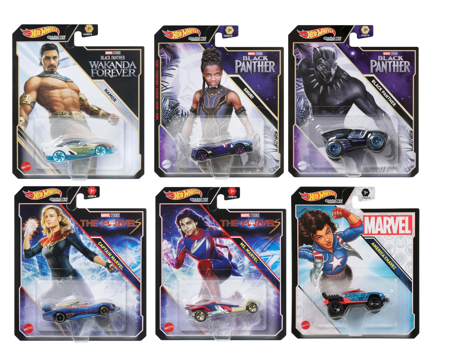 Hot Wheels Character Cars - Complete 6‑Pack (HHB74‑956G) | Includes Black Panther, Namor, Shuri, Ms. Marvel, Captain Marvel & America Chavez | 1:64…