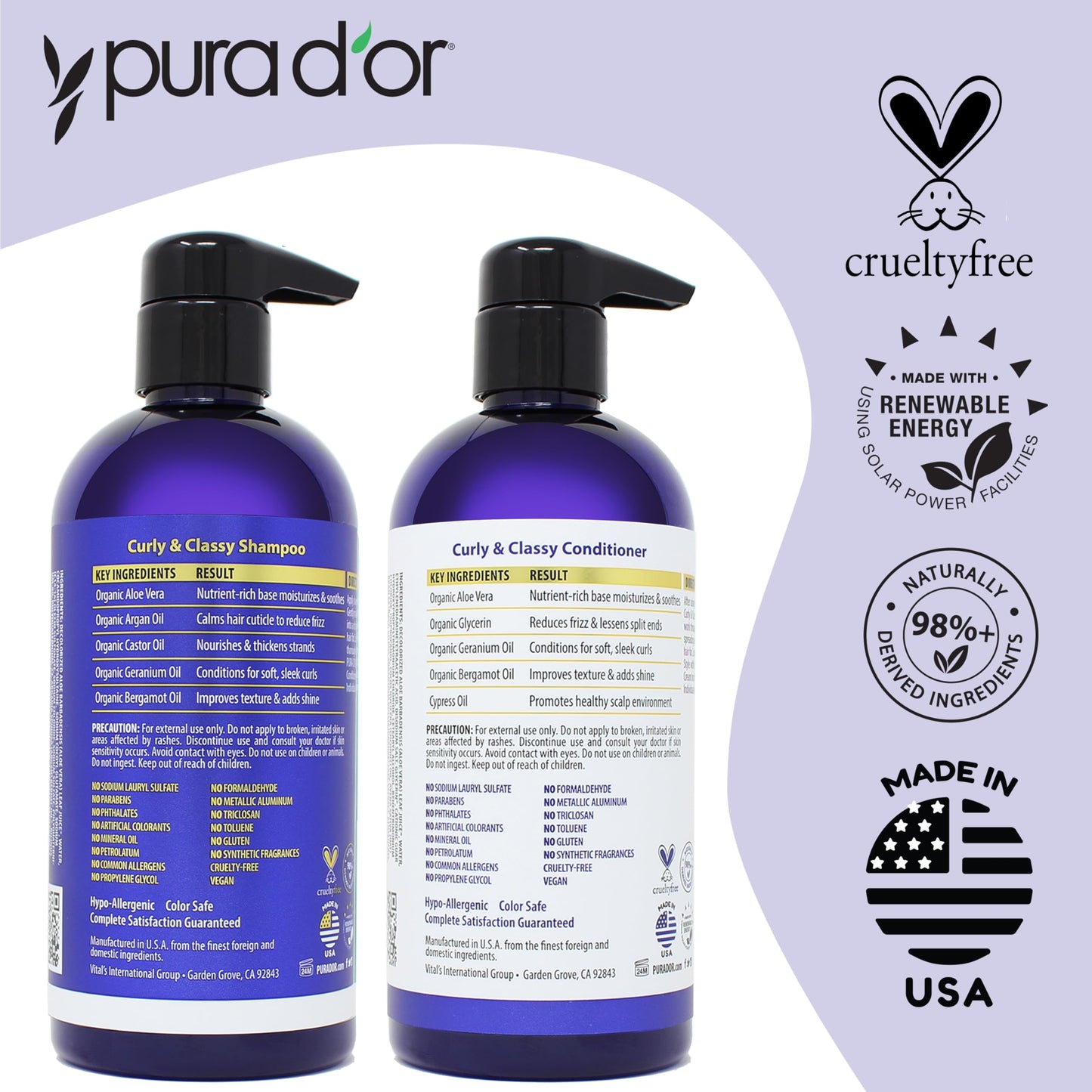 PURA D'OR Curly & Classy Shampoo & Conditioner Set for Defined Curls - Nourishing Formula with Argan, Castor, Geranium, Coconut & Kukui Seed Oils
