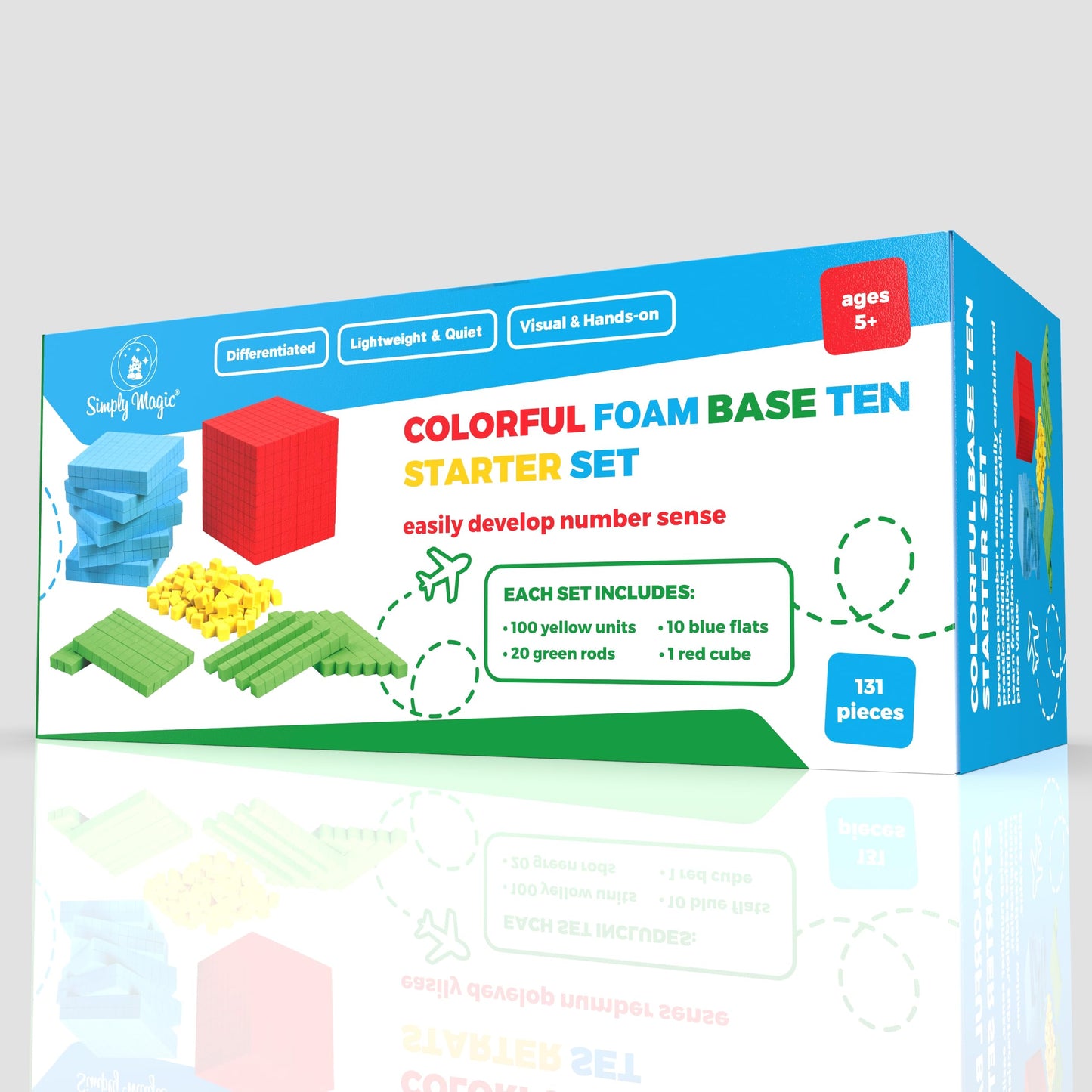 Simply Magic 131pcs Foam Base Ten Blocks – Math Manipulatives for K-3, Place Value Counters, Number Cubes & Counting Blocks