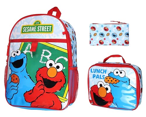 INTIMO Sesame Street ABC Cookie Monster Elmo 3 PC Backpack Lunch Box Pencil Pouch