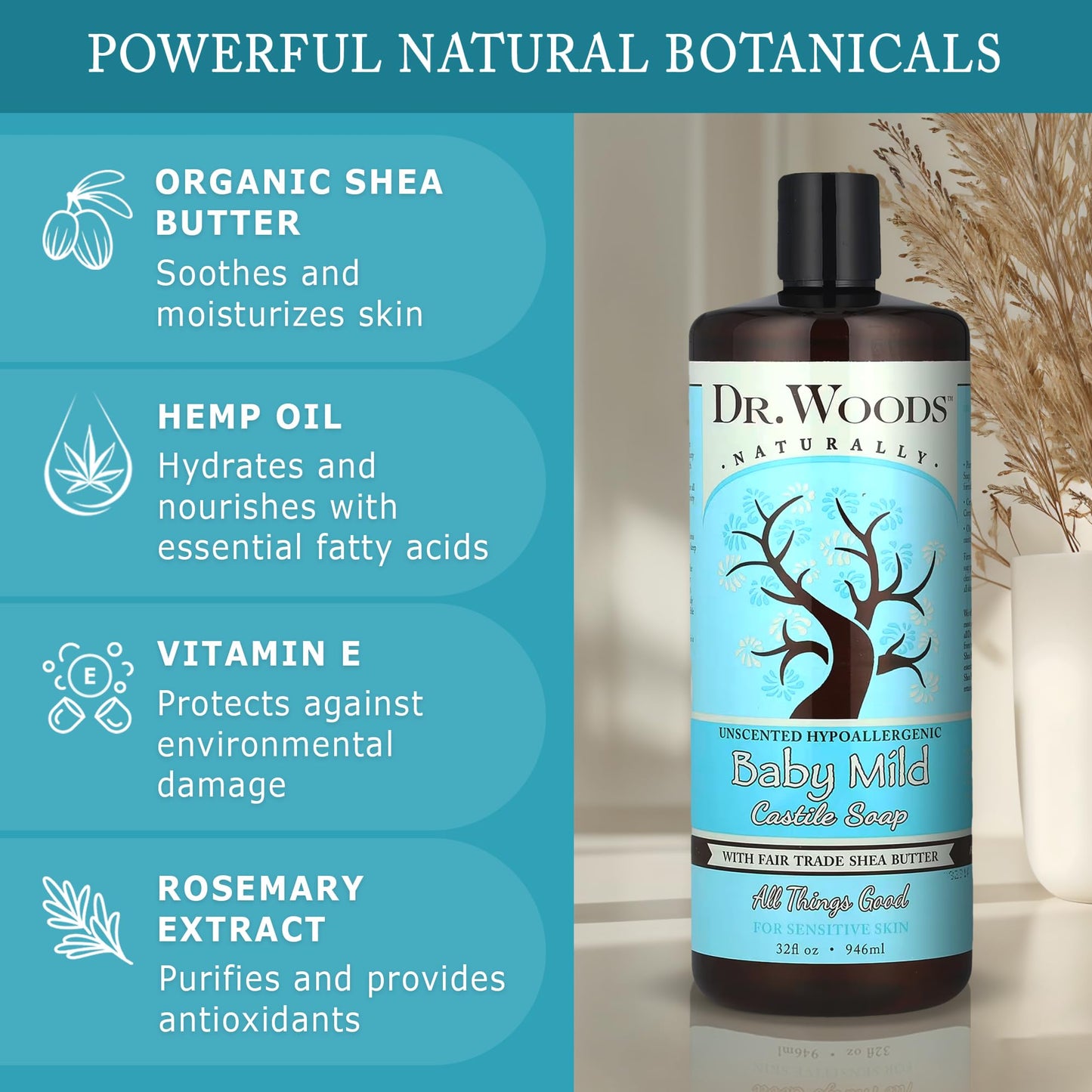 Dr. Woods Unscented Baby Mild Liquid Castile Soap - Gentle Cleanser Made with Organic Shea Butter, Natural Soap for Sensitive Skin, Paraben, Sulfate