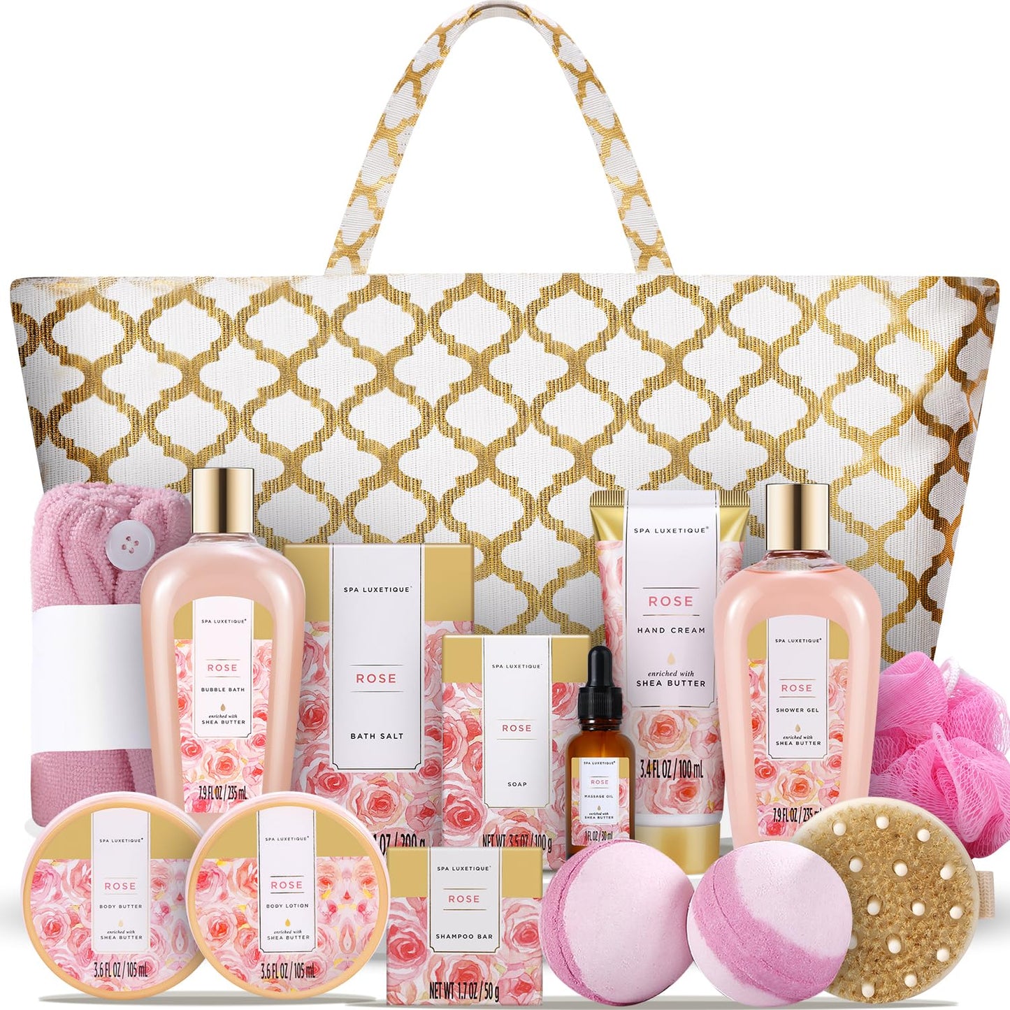 Spa Luxetique Spa Baskets for Women Gift, Womens Spa Gift Baskets, 15pcs Rose Spa Sets, Spa Kit Includes Body Oil, Bubble Bath, Bath Sets for Women