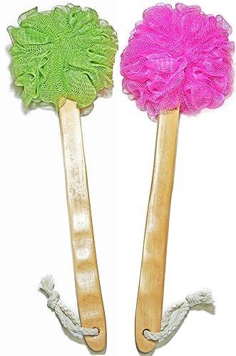 Shower Loofah Body & Back Scrubber - Exfoliating Loofah luffa loofa Bath Brush On a Stick - with Long Wooden Handle Back Brush for Men & Women - Easy