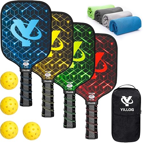 YILLOG Pickleball Paddles,USAPA Approved Pickleball Paddle Set 4,Fiberglass Surface Pickleball Set,4 Pickleball Balls,4 Cooling Towels,Bag,Pickle…