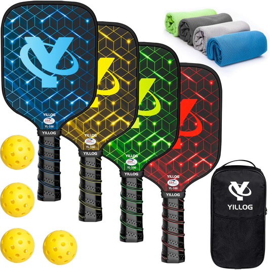 YILLOG Pickleball Paddles,USAPA Approved Pickleball Paddle Set 4,Fiberglass Surface Pickleball Set,4 Pickleball Balls,4 Cooling Towels,Bag,Pickle…