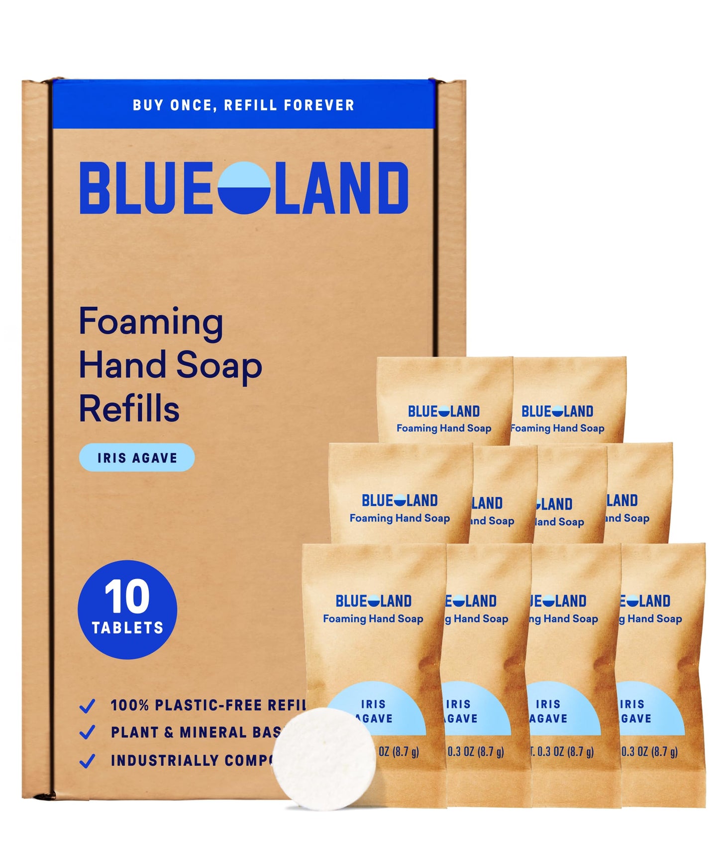 BLUELAND Foaming Hand Soap Refill Tablets, 10-Pack, Iris Agave Scent, Eco Friendly Cleaning Products, 10 x 9 Fl oz