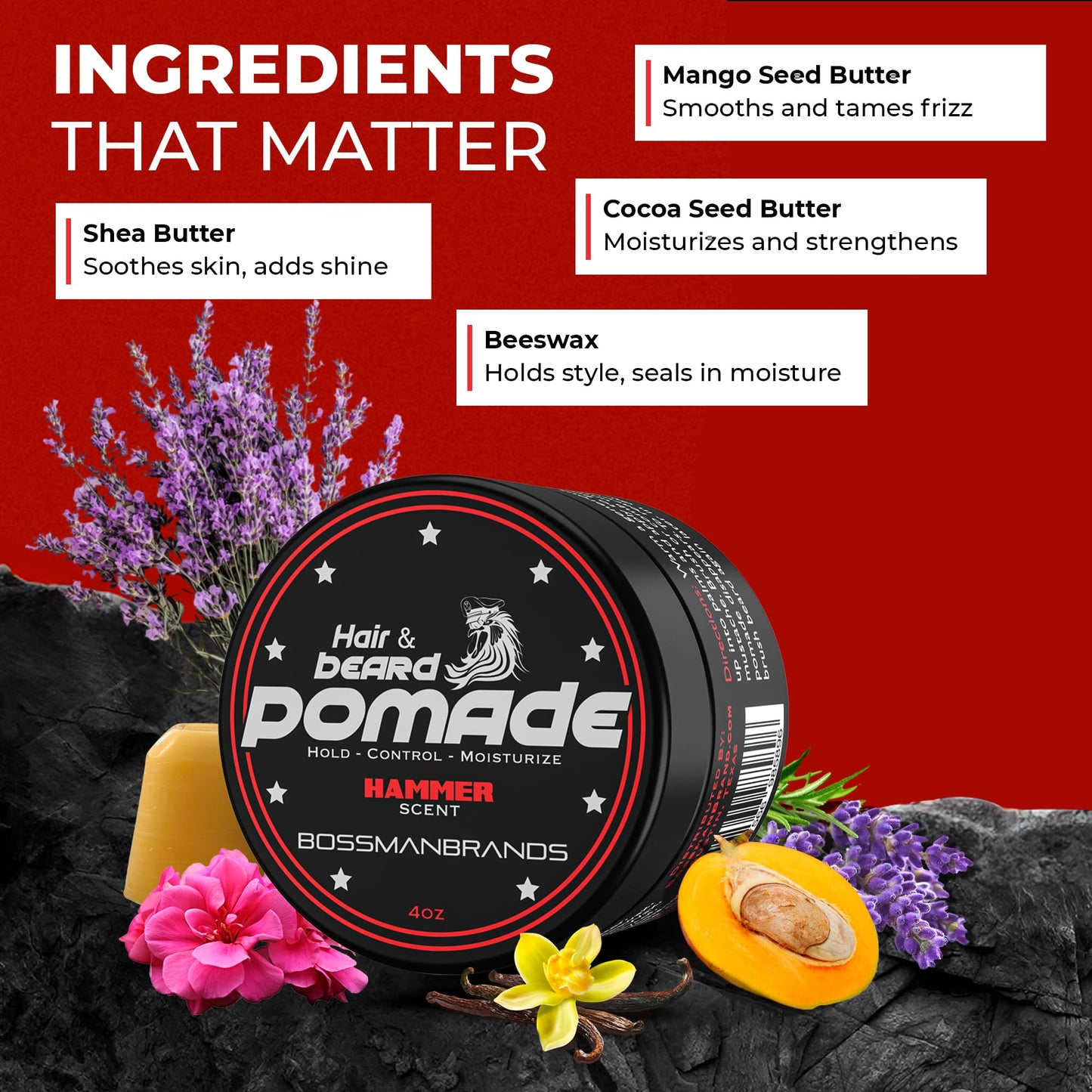 Bossman Hair & Beard Pomade for Men (Hammer Scent) - Medium Hold & Moisturizing for Hair, Beard & Mustache Styling - Made in USA