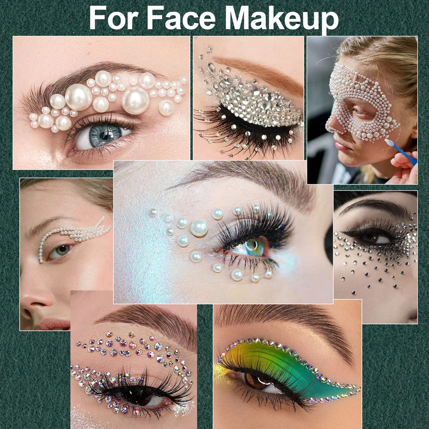 Flat Back Rhinestones&Pearls Kits Round Glass Crystal AB&Transparent White Gems+White&Beige Pearls with Quick Dry Makeup Glue+Picker Pencil+Tweezer