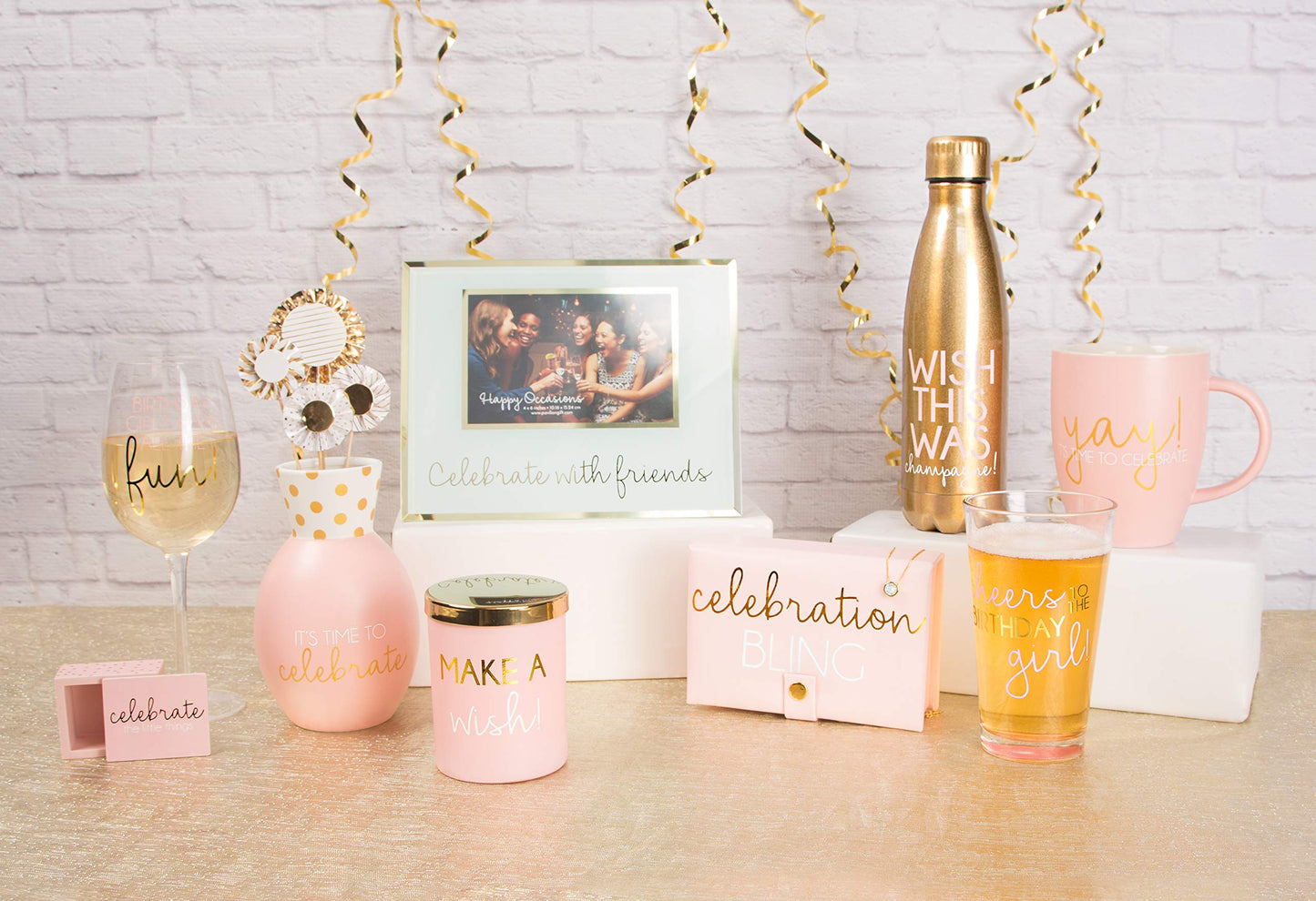 Pavilion Gift Company Champagne-18 oz Stainless Steel Water Bottle, 18 OZ, Gold, Pink, White