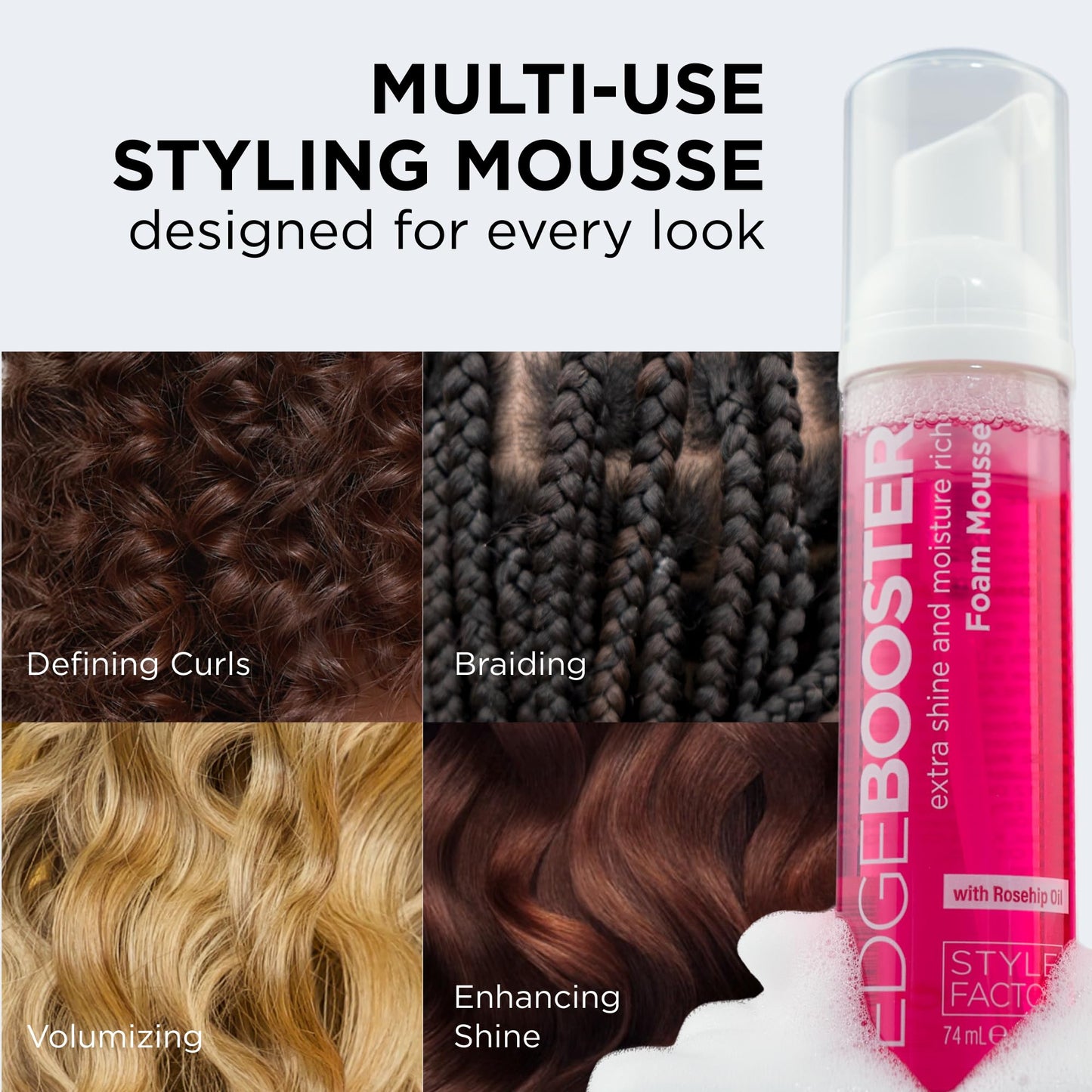 Style Factor EDGE BOOSTER Extra Shine & Moisture Rich Foam Mousse | Lightweight Styling for Curls, Waves, Braids, Locs & Protective Styles | Volume