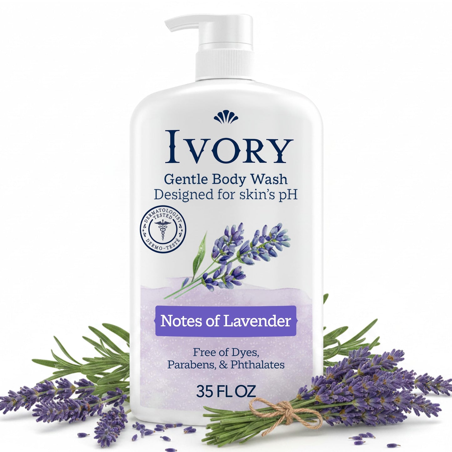 Ivory Body Wash, Designed for the Whole Family, Gentle Formula, Free of Dyes Heavy Perfumes Parabens Phthalates & Silicones, Lavender Scent, 35 oz