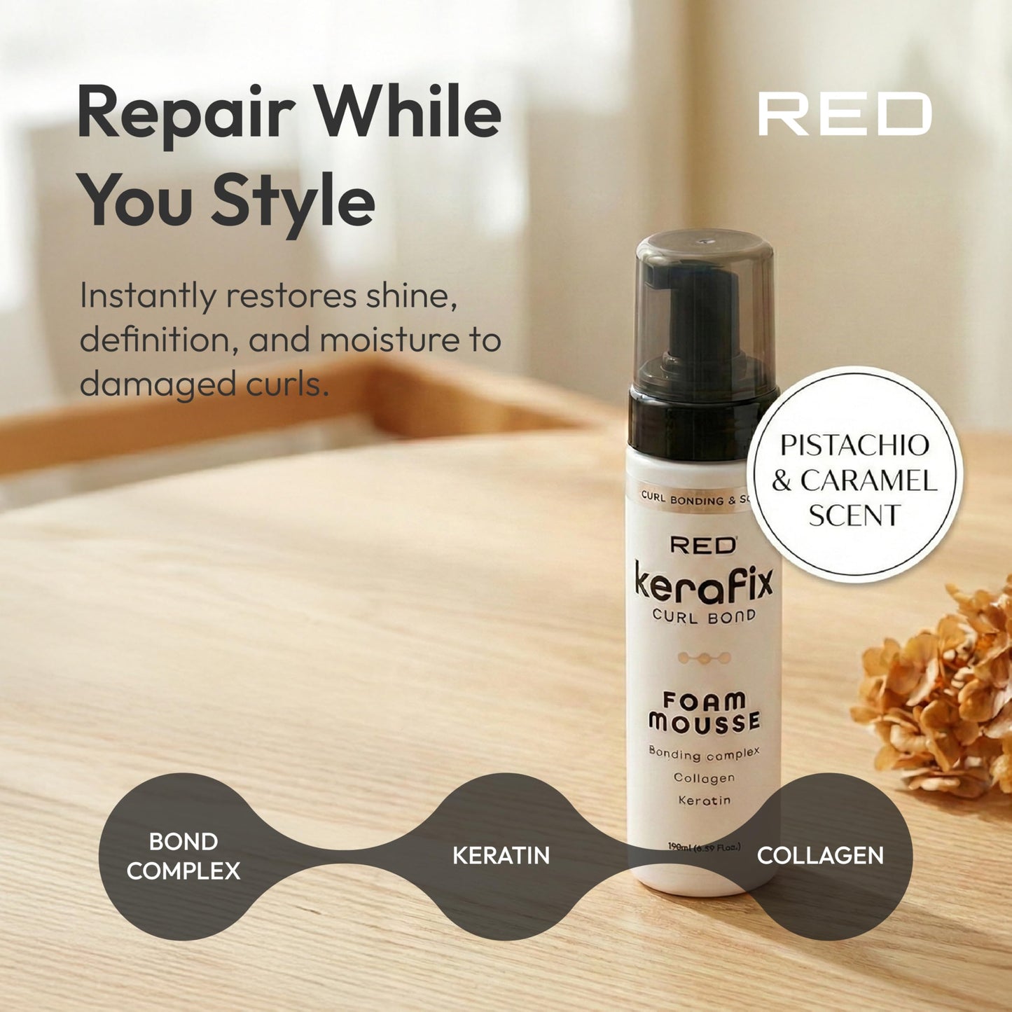 Red by Kiss Kerafix Curl Bond Foam Mousse (6.59 Fl Oz), Hair Mousse for Curly Hair & All Textures, Anti-Frizz Bond Repair Enhance Curls, Boost Shine