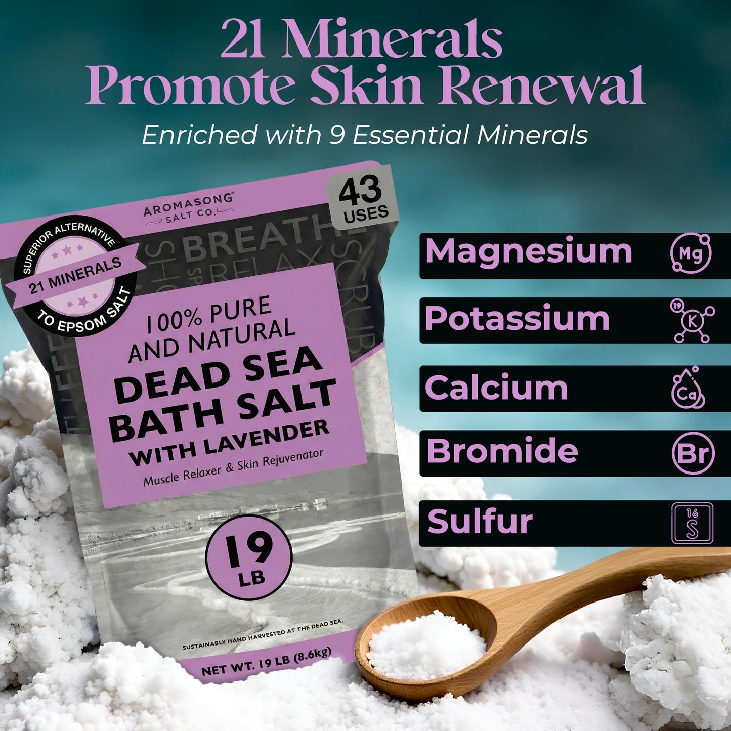 Aromasong Pure Dead Sea Salt for Soaking with 100% Natural Lavender, 19 LB - Spa Bath Salt Fine Grain - Body Wash Scrub - Soak for Women & Men- Bulk
