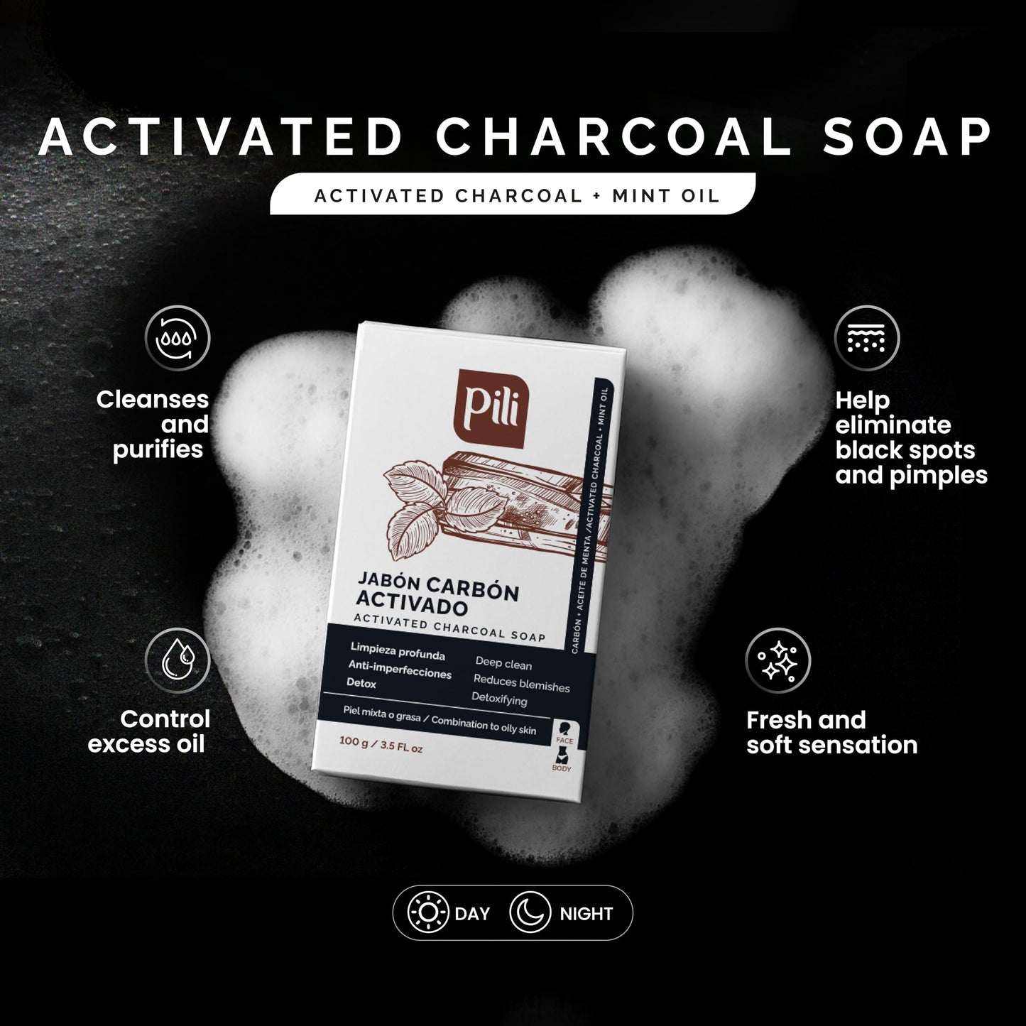 Pili Natural Activated Charcoal Detoxifying Soap Bars with Peppermint Oil (3 Pack) for Face and Body for Men, Women and Teens
