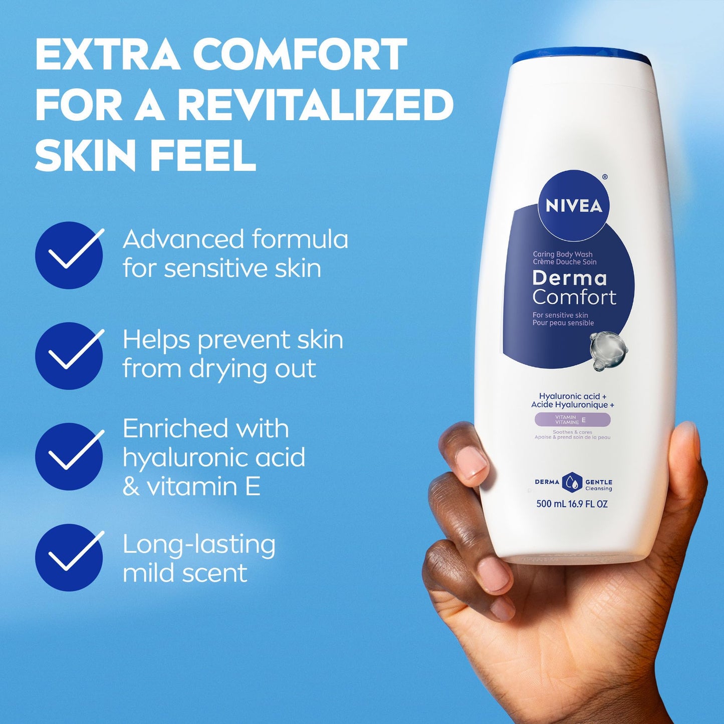 NIVEA Derma Comfort Caring Body Wash for Sensitive Skin, Body Wash with Hyaluronic Acid and Vitamin E, 16.9 Fl Oz Bottle, Pack of 3 Beauty & Personal Care NIVEA