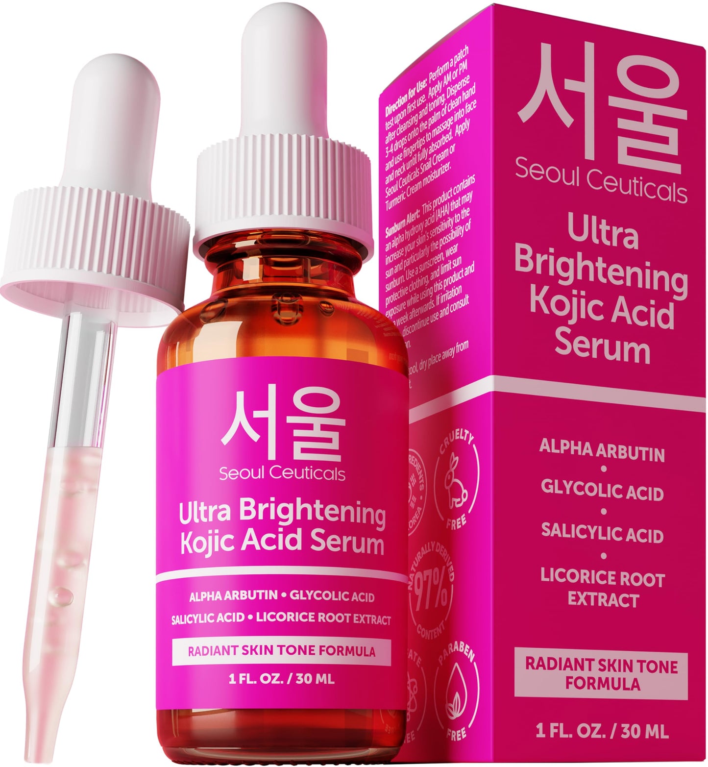 SeoulCeuticals Korean Skin Care Kojic Acid Serum Alpha Arbutin - Dark Spot Remover Corrector Glycolic Acid + Salicylic Acid K Beauty 1oz