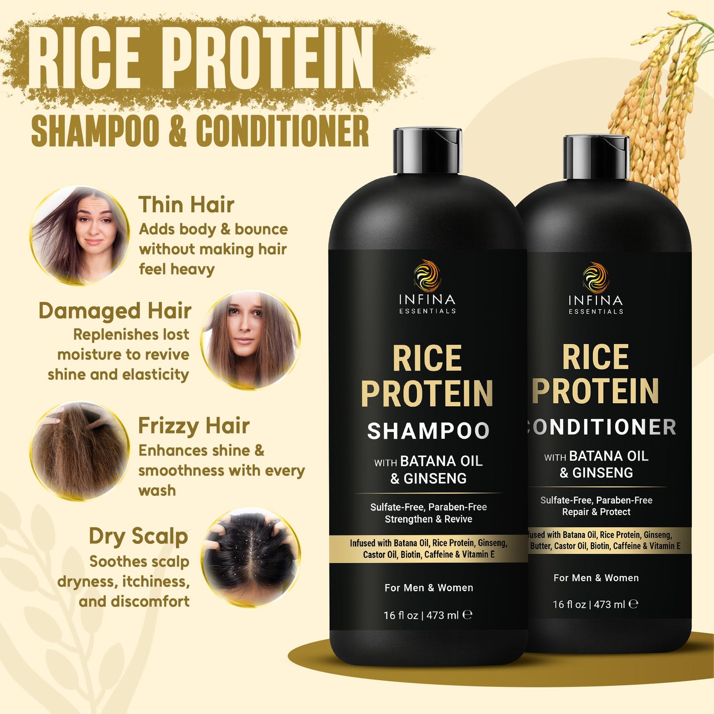 INFINA ESSENTIALS Rice Water Shampoo and Conditioner Set | 16 fl oz Each | with Batana Oil & Ginseng | Rice Shampoo for Repairing Damaged Hair |