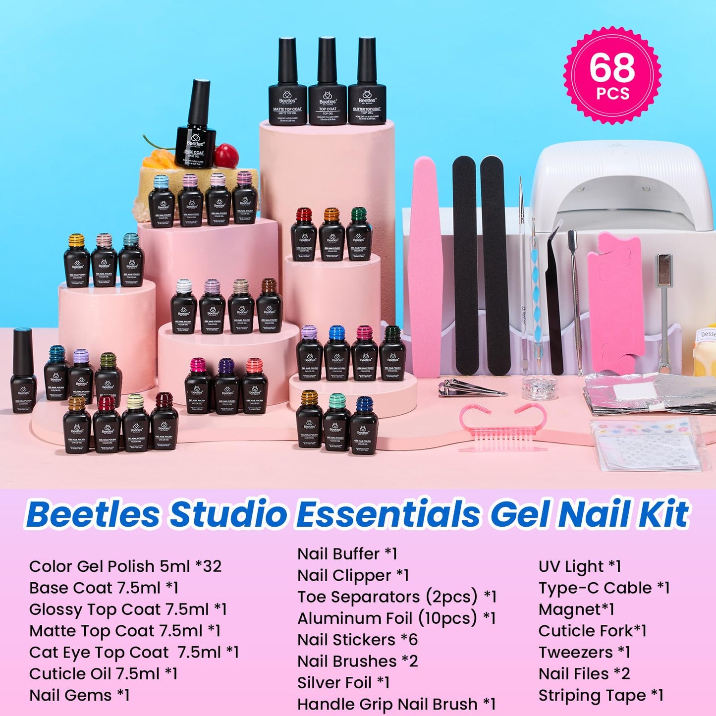 Beetles Deal Box Gel Nail Polish Kit with U V Light - 32 Colors Studio Essentials Gel Polish 68 Pcs Nail Kit with TPO & HEMA Free Base Coat Cat Eye Beauty and Personal Care beetles Gel Polish