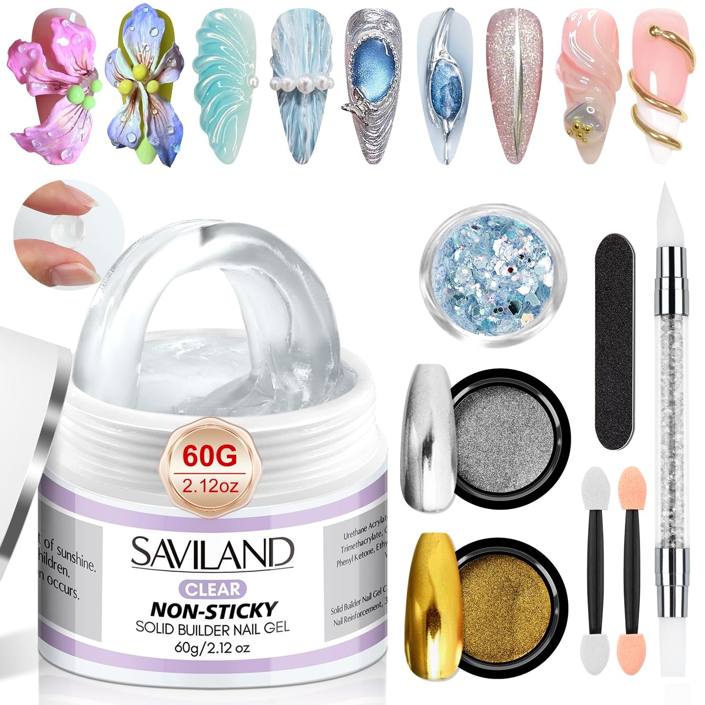 SAVILAND Non Sticky Solid Builder Nail Gel Kit: 4 Color Long-lasting Clear Nude White Pink Solid Hard Gel with Chrome Nail Powder for Nail Extension Beauty and Personal Care SAVILAND Default Title