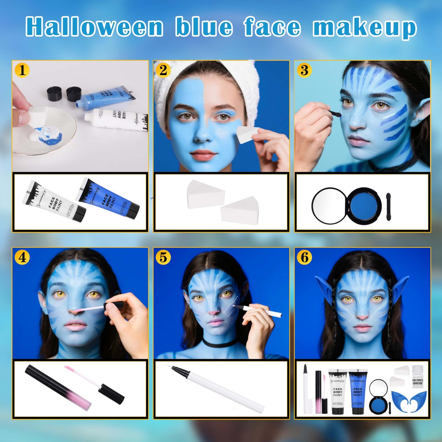 8pcs Avatar Makeup Kit,Navy Blue White Face Paint, Royal Blue Face Paint for Smurf Mystique Cosplay,Lip Gloss,White UV Eyeliner, Short Elf Ears,Single