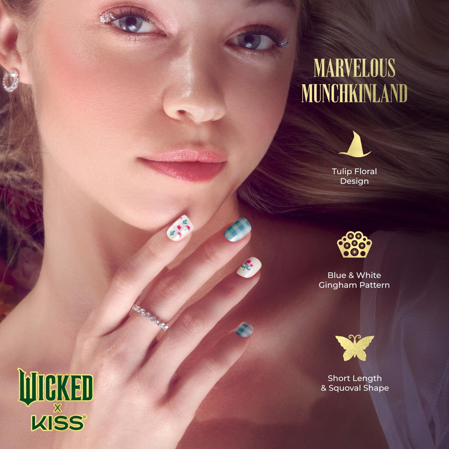 WICKED X KISS Press On Nails, ‘Marvelous Munchkinland’, Blue, Short Squoval, Waterproof, Chip Proof, Smudge Proof, 28 Fake Nails, Pink Gel Nail Glue Beauty & Personal Care KISS