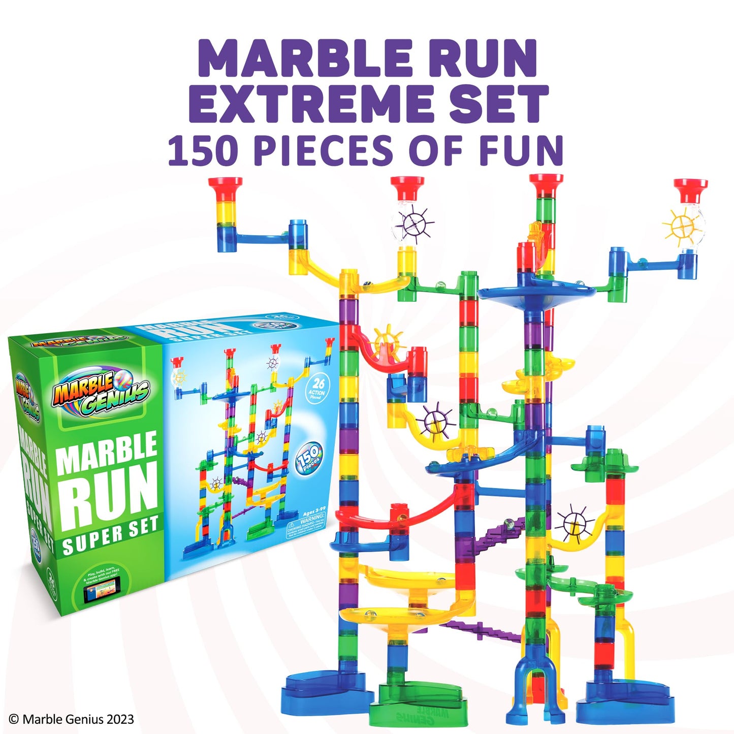 Marble Genius Marble Run 150pcs – Maze Track Building Toy with 65 Glass Marbles & 85 Translucent Pieces for Kids Ages 4-8, Teens & Adults