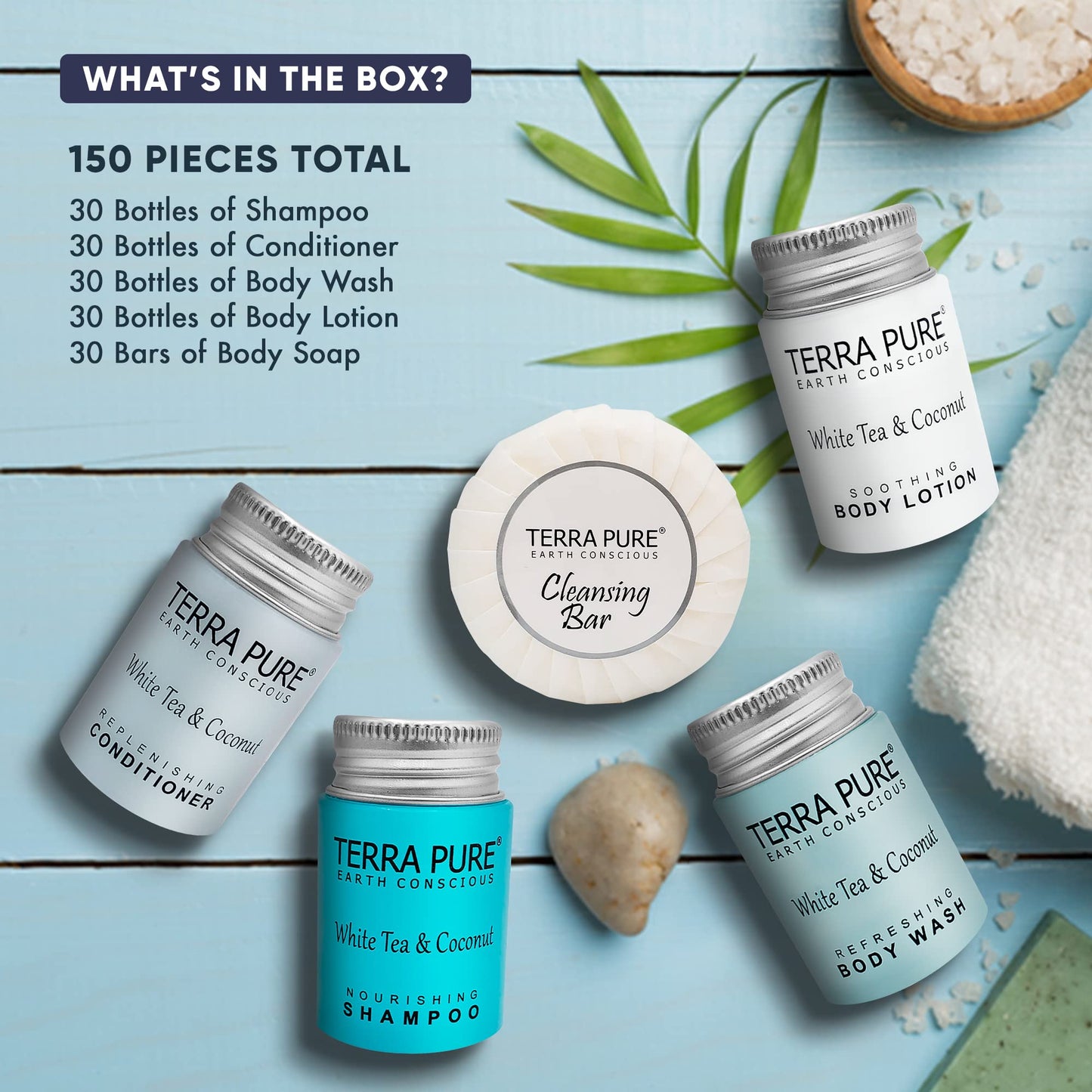 Terra Pure White Tea & Coconut Toiletries Set | 1-Shoppe Amenities Kit | 1oz Shampoo & Conditioner, Body Wash, Lotion, 1.25oz Bar Soap | Travel Size |