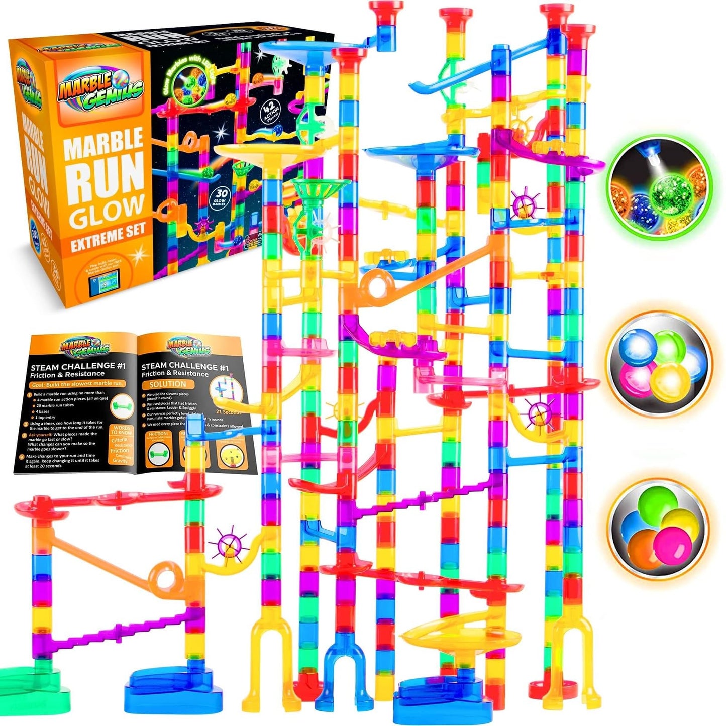 Marble Genius 200pcs Glow Marble Run Super Set – STEM Track Race Building Blocks with Glow-in-the-Dark Marbles & Guide for Kids 4+