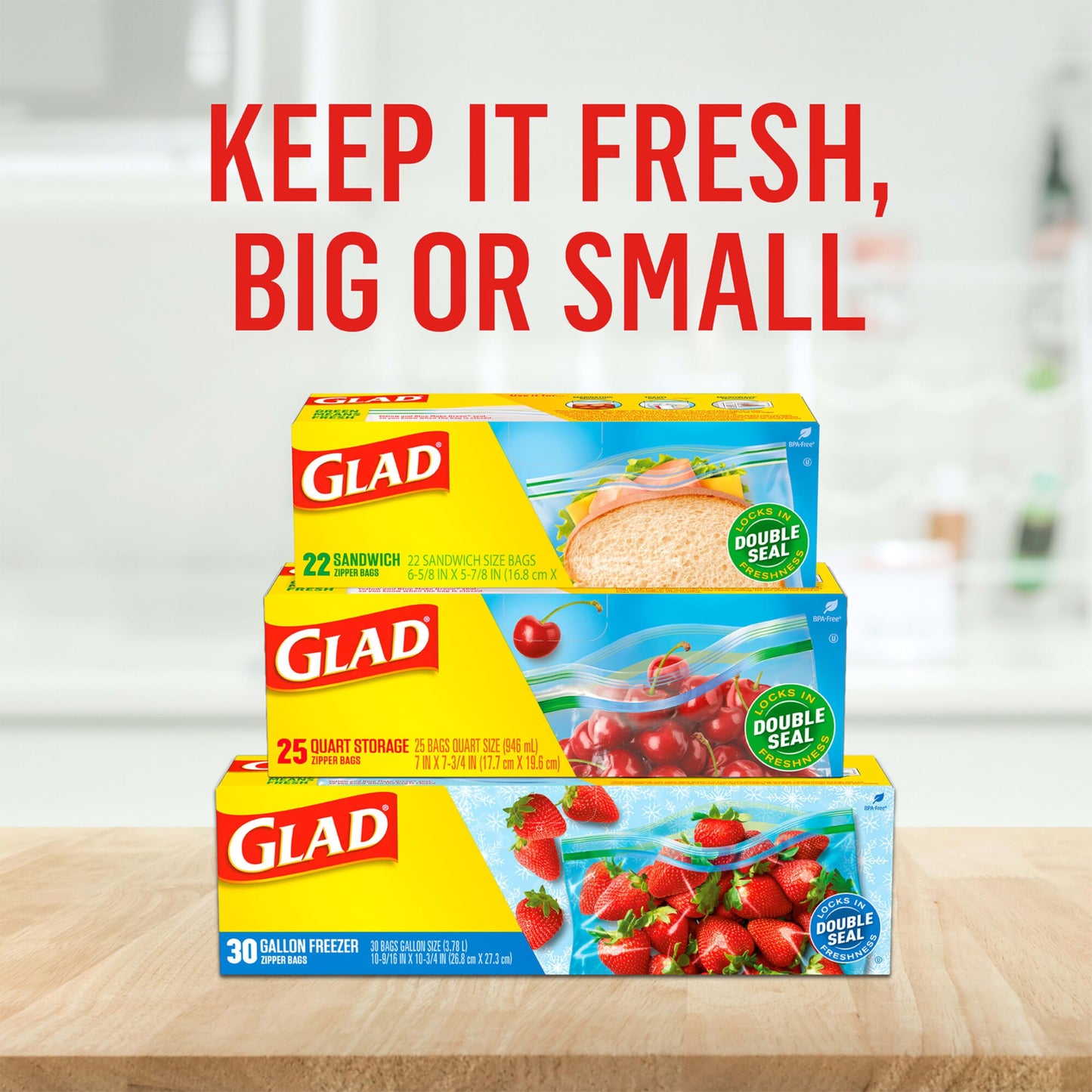 Glad Zipper Food Storage Plastic Bags, Quart, 50 Count (Package May Vary)