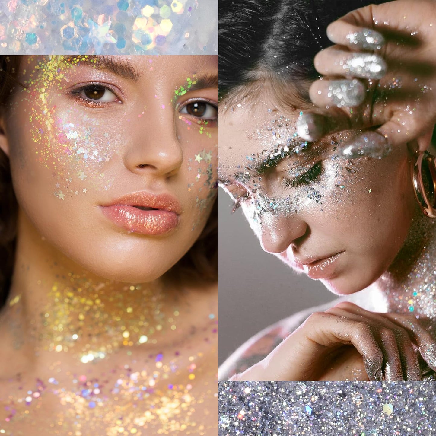 HOSAILY Silver Body Glitter Stick, Sparkling Holographic Sequins Glitter Gel, Body Shimmer Face Paint Glitter for Eye Hair Nail Lip, Chunky Glitter