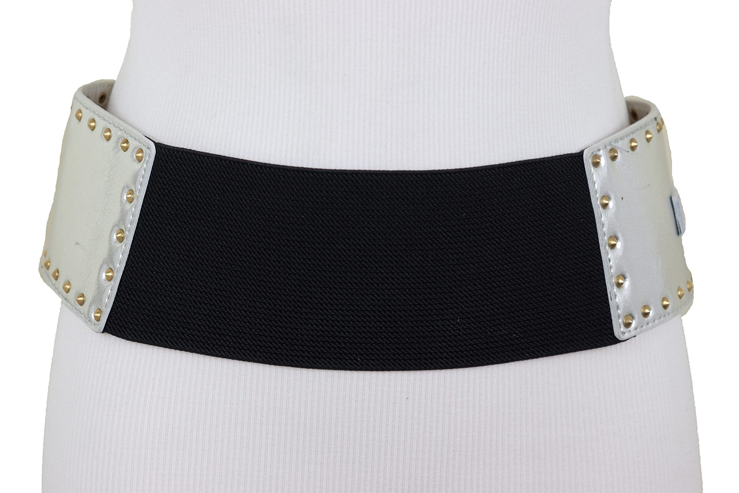 Women Wide Western Fashion Belt Hip Waist Silver Faux Leather Gold Metal Studs XS S