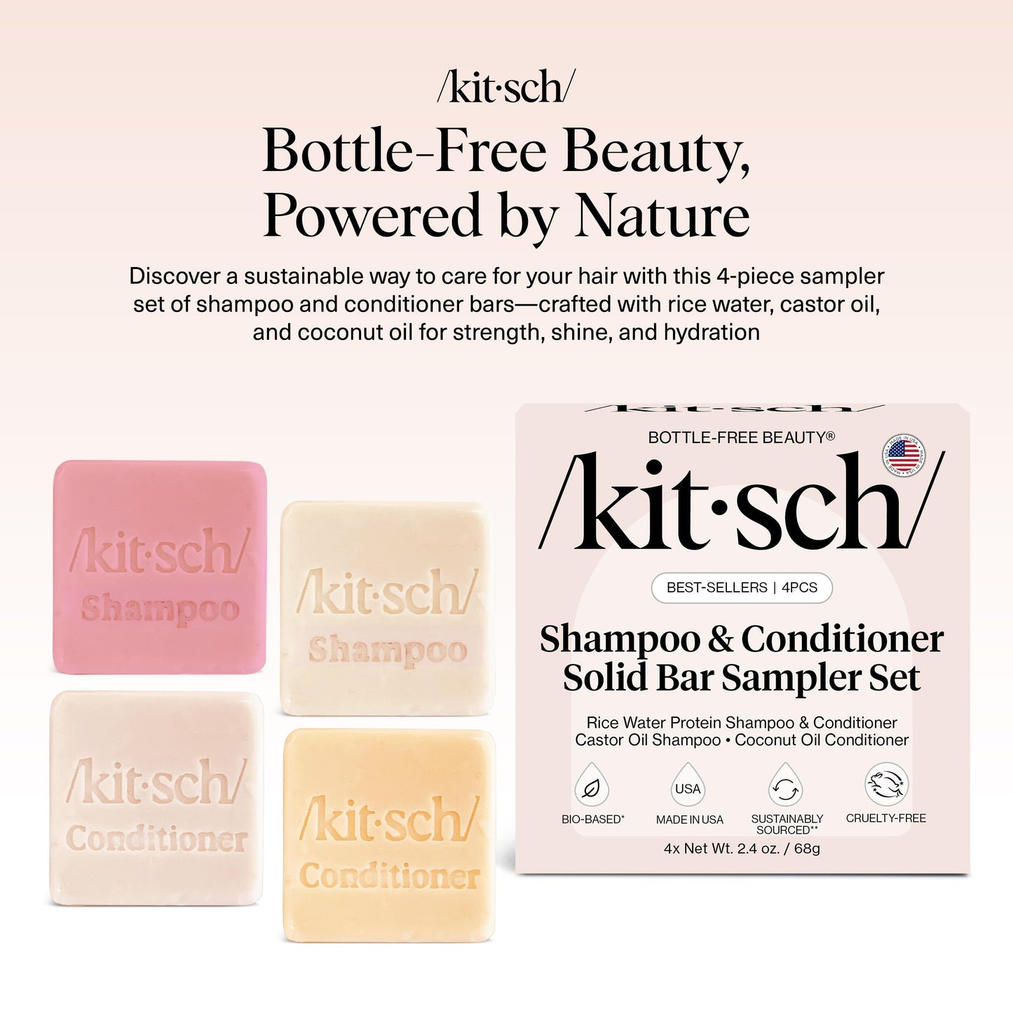 Kitsch Shampoo and Conditioner Set - 4pc Sampler Bars with Rice Water Shampoo and Conditioner, Castor Oil Shampoo & Coconut Oil Conditioner