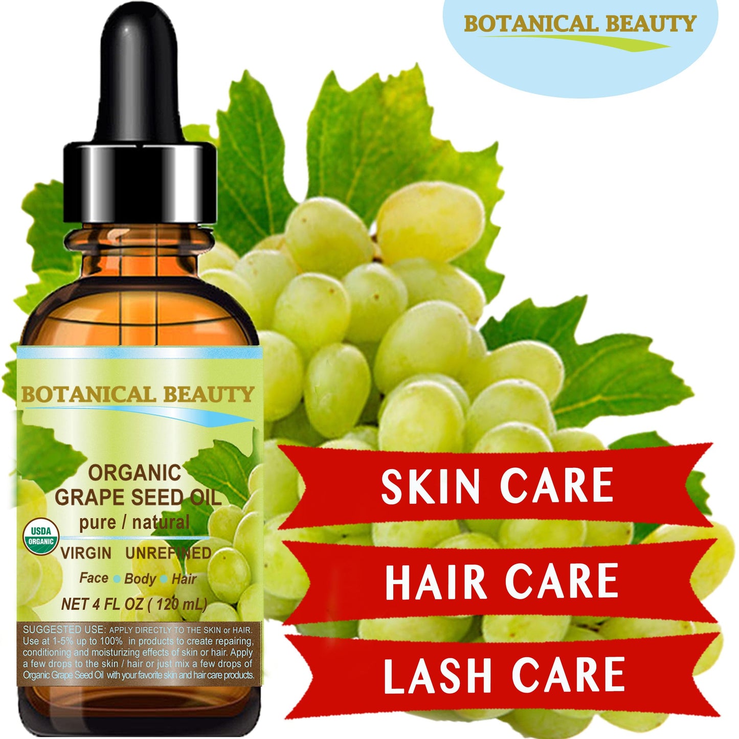 Botanical Beauty Organic GRAPE SEED OIL 100% Pure Natural VIRGIN UNREFINED Cold-Pressed Carrier Oil for Face, Skin, Body, Hair, Lip, Nails, Massage