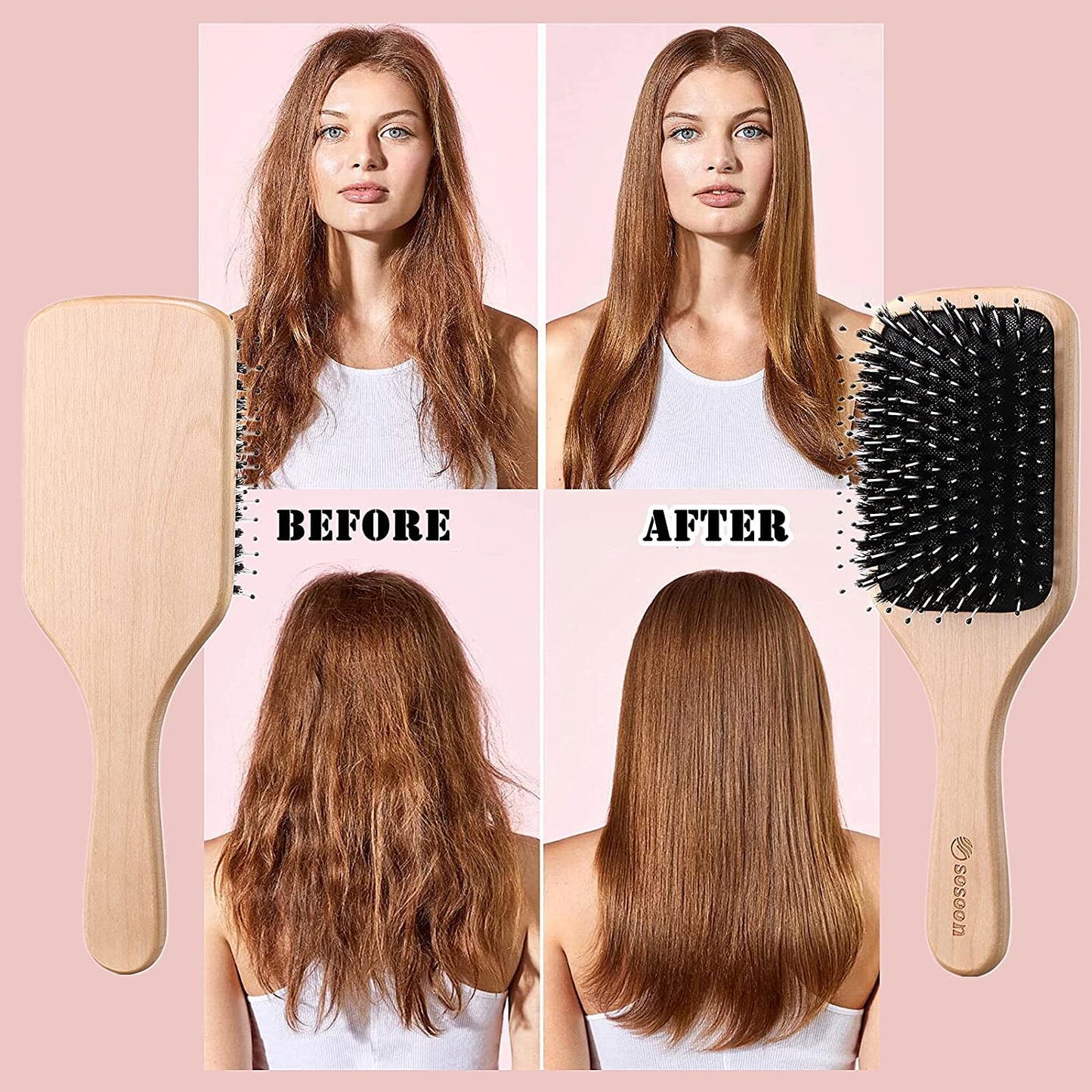 Hair Brush, Sosoon Boar Bristle Paddle Hairbrush for Long Short Thick Thin Curly Straight Wavy Dry Hair for Men Women Kids, No More Tangle, Giftbox Beauty and Personal Care Sosoon