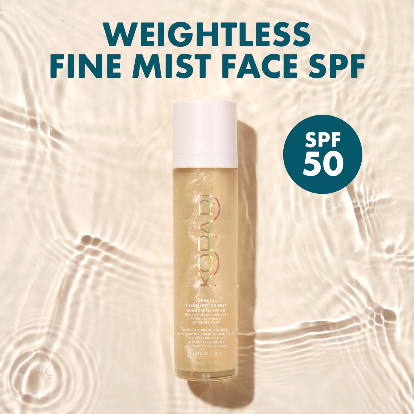 Kopari Sunglaze Sheer Setting Mist Sunscreen SPF 50, Weightless, Fast Drying, Ultra-Fine Setting Spray, Made With Hyaluronic Acid, Sets Makeup For A