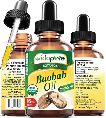 MYVIDAPURE Organic BAOBAB OIL Certified Organic 100% Natural Pure VIRGIN UNREFINED for Skin, Face, Hair, Lip and Nail Care (0.5 Fl Oz)