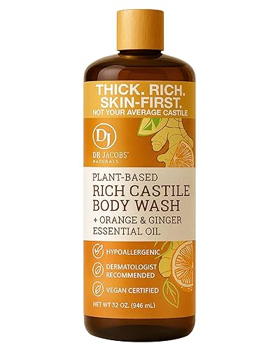 Dr. Jacobs Naturals Pure Castile Soap Liquid Body Wash, Orange & Ginger - Plant Based Soap Infused with Vitamin E & Aloe Vera to Moisturize Dry